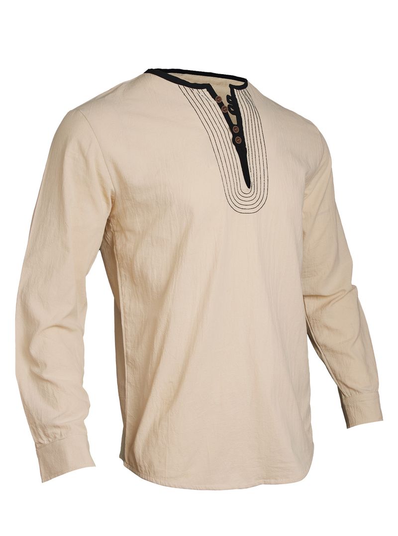 Maglietta sportiva casual ampia a maniche lunghe in lino tinta unita da uomo Henry Collar_voghion.com