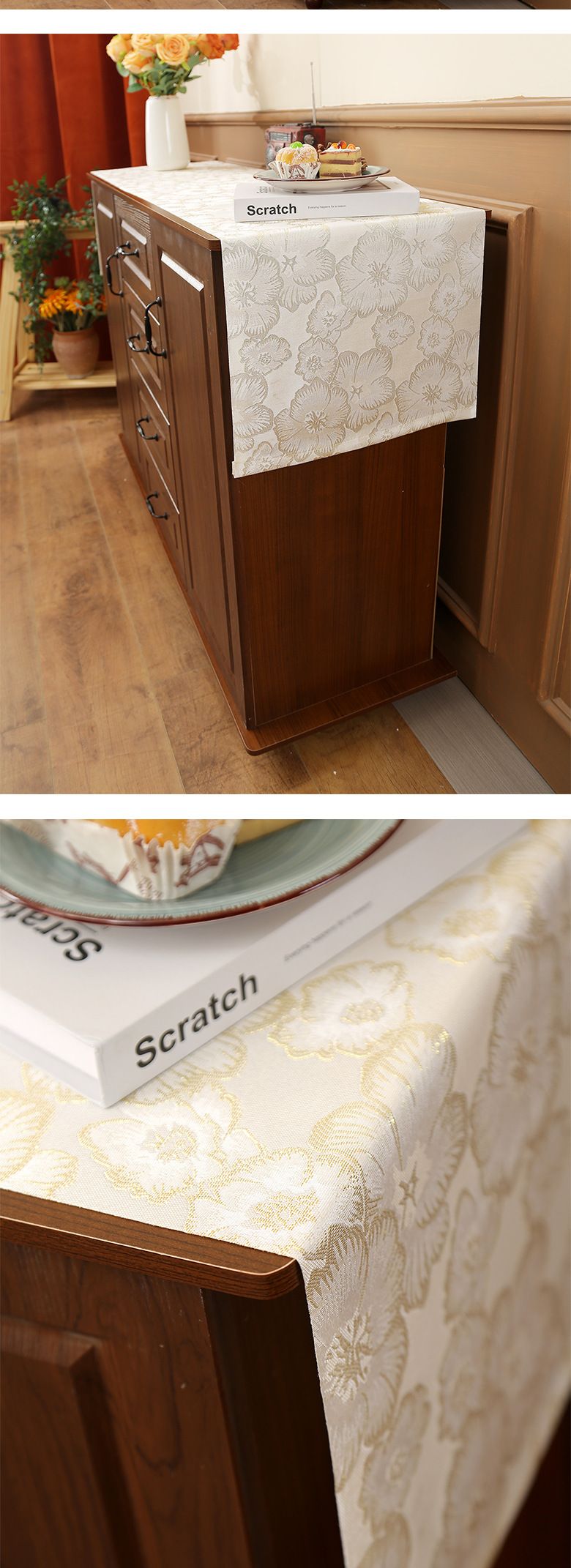Bestickter Tischläufer – Goldfolie und Blumenstickerei, dekorativer Läufer für Couchtisch, Esstisch und Sideboard_voghion.com