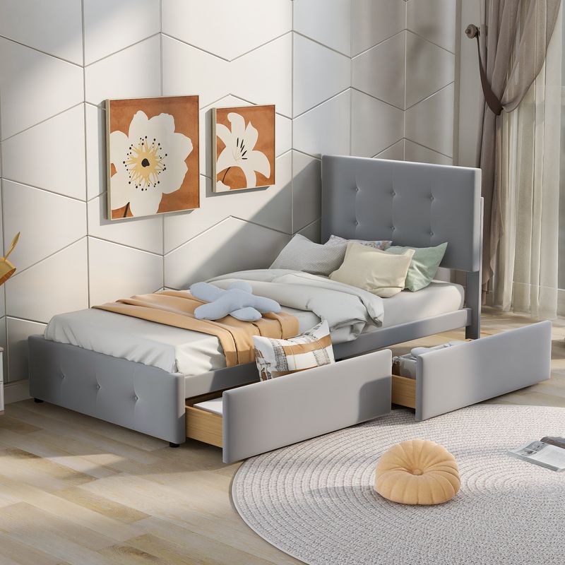 Polsterbett 90x200cm Con Lattenrost, Schubladen, Verstellbarem Kopfteil, Grau_voghion.com