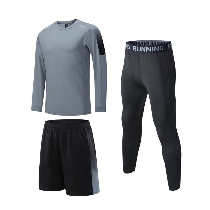LazyZoom Sports Suit Three-Piece Set Long Sleeve Spring Summer Running Clothes Men's Fitness Breathable Base Layer Quick-Dry_voghion.com