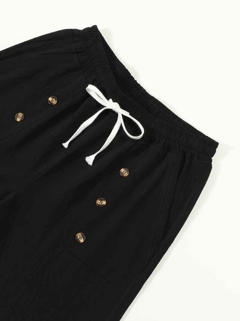 Pantaloncini estivi da uomo in cotone e lino, casual americani, larghi e dritti, con bottoni_voghion.com