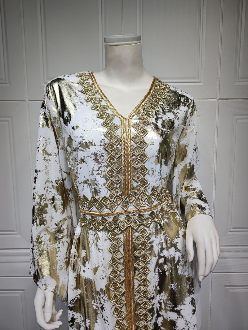 Damekjole forgyldt muslimsk chiffonkåbe med bæltekjole_voghion.com