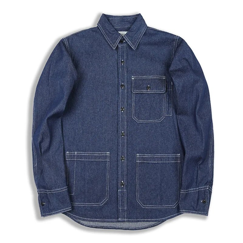 İlkbahar Sonbahar Kargo Gömlek Erkekler Uzun Kollu Çizgili Batı denim gömlek Safari Tarzı Askeri Erkek Gömlek Çok cepler Erkekler Tops_voghion.com