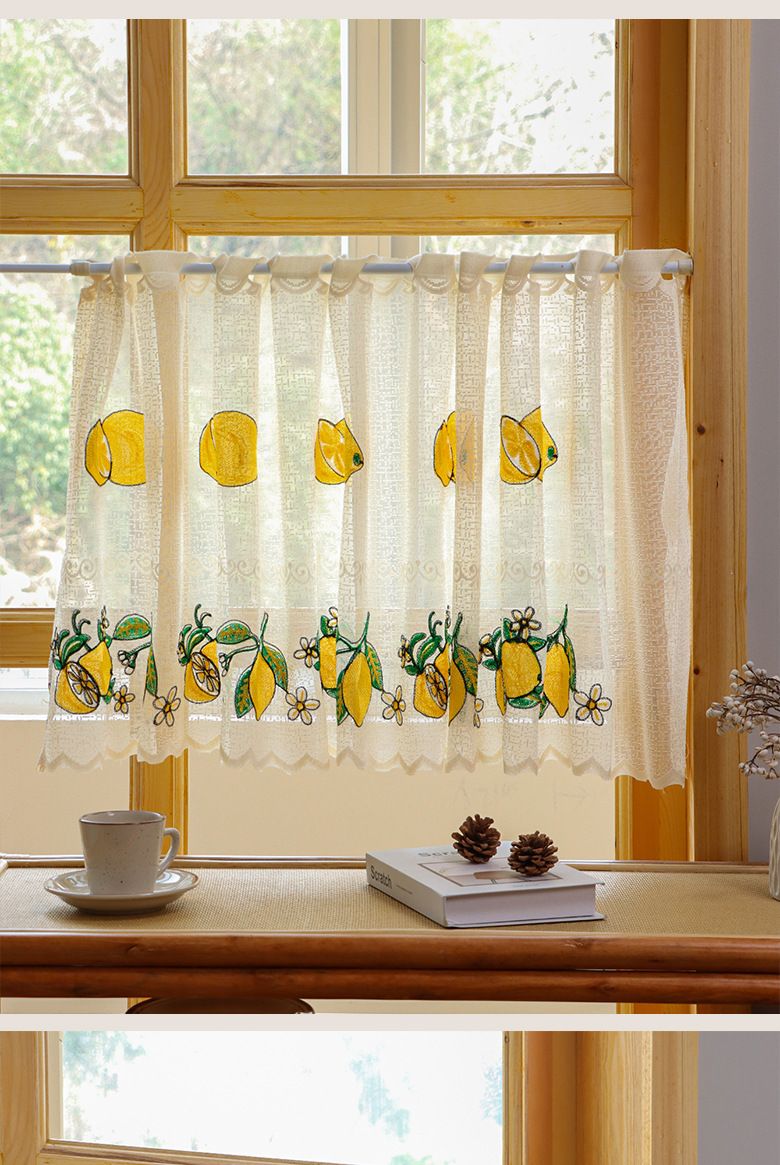Lemon & Strawberry Embroidery Sheer Curtains - No Drill Cafe Curtains, 100% Polyester, Light Filtering & Dustproof Tier Curtains_voghion.com