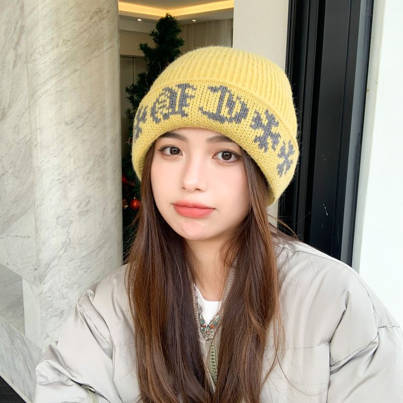 Snowflake Jacquard Loose Hat For Students, Big Head Circumference, Face Slimming, Warm Winter Hat, Knitted Cap_voghion.com