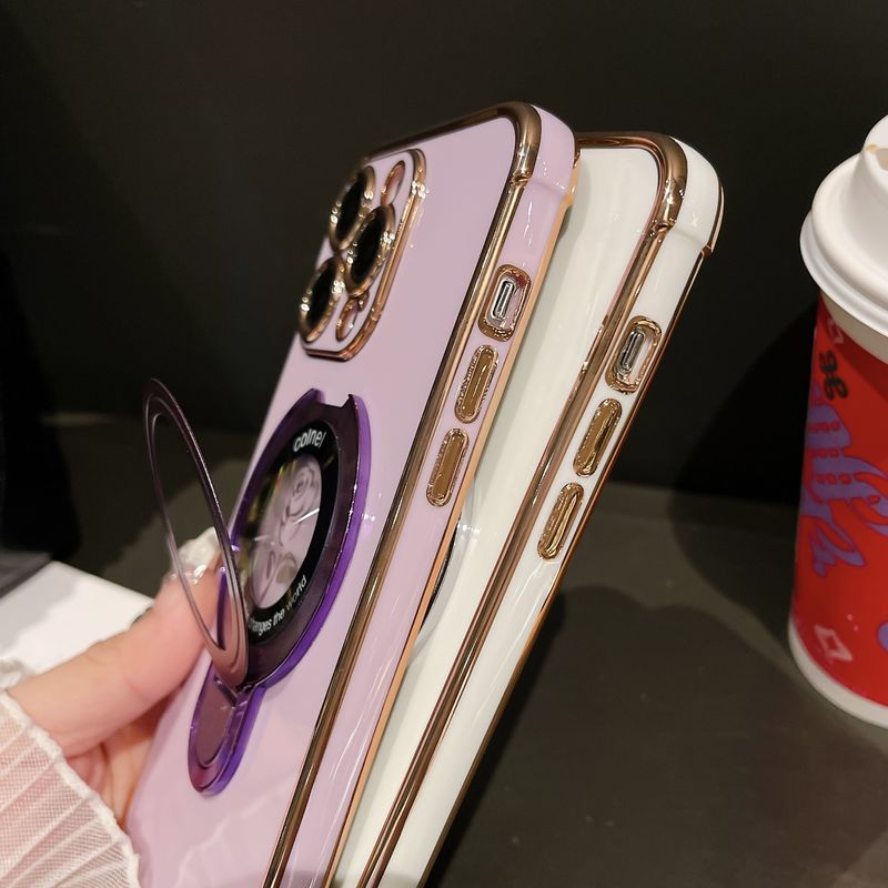 iPhone 15/16 Pro hoesje met roségouden zijprint en magnetische standaard - 6D gegalvaniseerde glitter schokbestendige hoes (slanke pasvorm, krasbestendig)_voghion.com