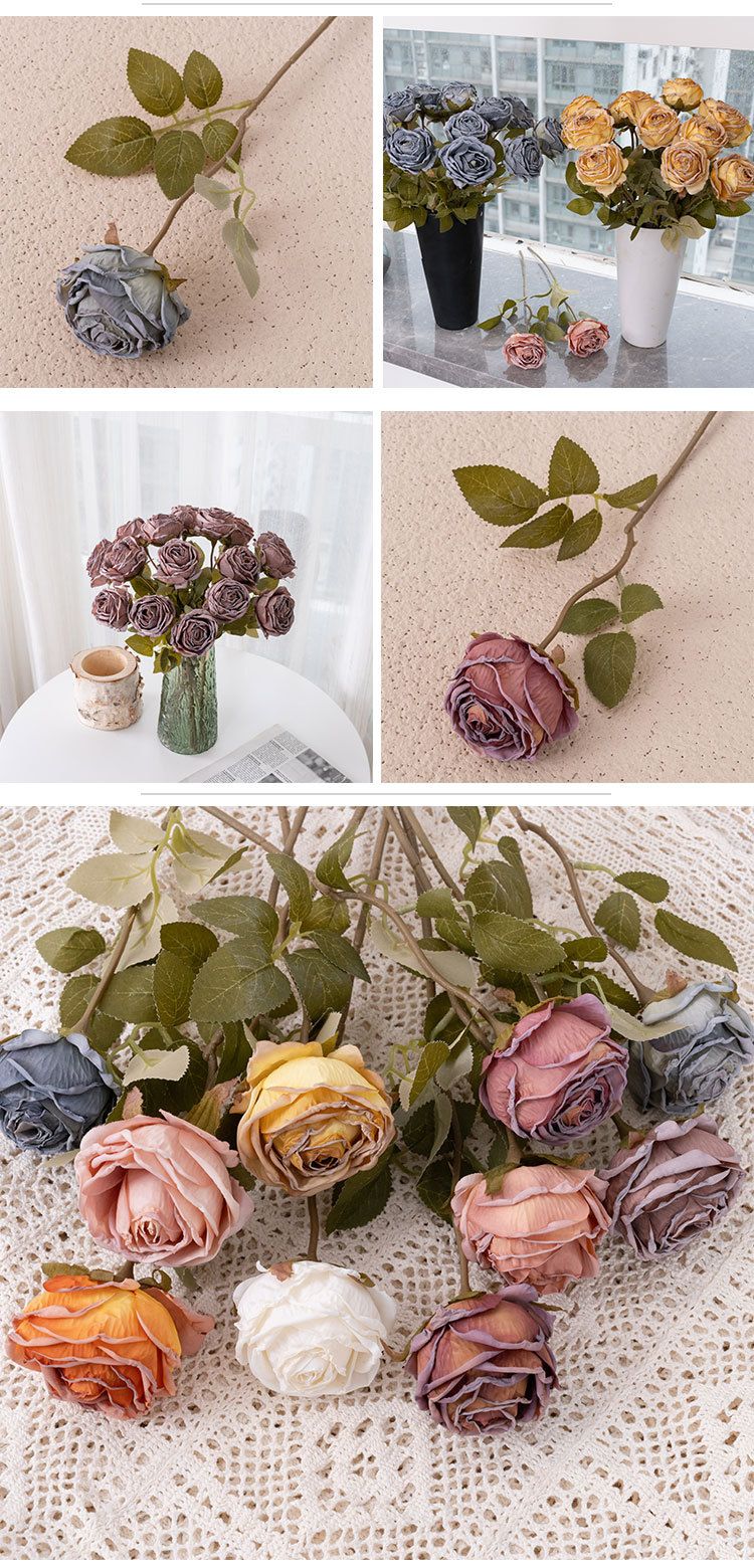 Singolo ramo transfrontaliero bordo bruciato innevato rosa stile INS fiore artificiale decorazione per la casa matrimonio fiore artificiale all'ingrosso MW66011_voghion.com