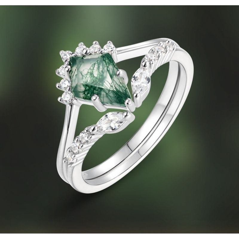 Fashion Light Luxury Pure Silver Stackable Kite Ring - Natural Water Grass Agate Inlay For Elegant Statement Style_voghion.com