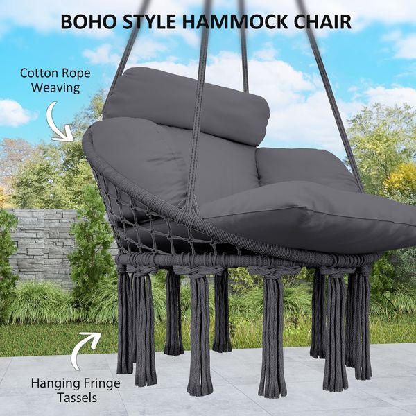 Hammock Swing Chair, Macrame Hanging Chair With Large Cushion, Chain, Steel Frame For Indoor Outdoor Use, Dark Gray_voghion.com