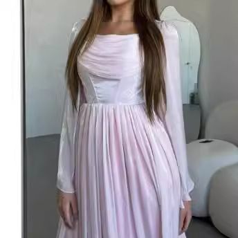 Abbigliamento donna autunno nuovo abito plissettato a maniche lunghe retrò francese con collo quadrato quadrato_voghion.com
