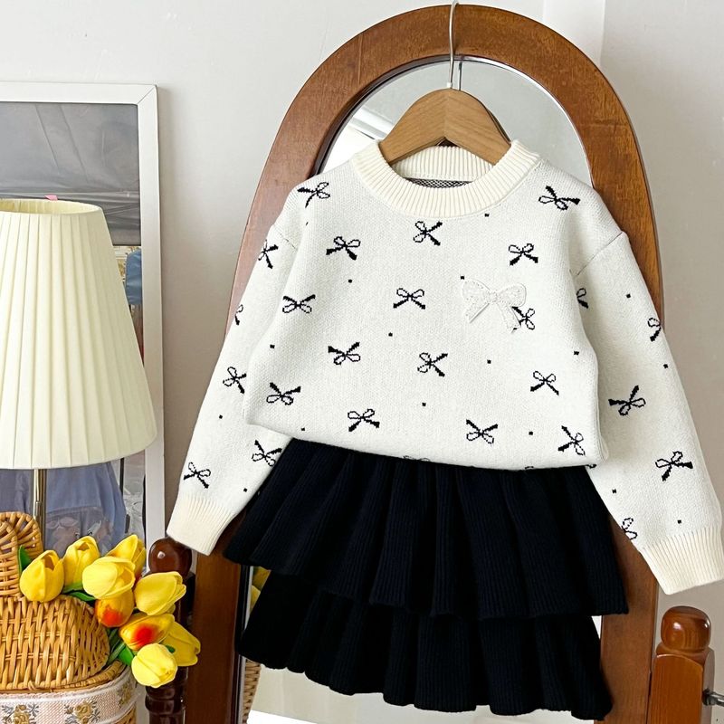 Gonna a fiocco per bambine, versione coreana, elegante, in maglia, coordinata, due pezzi, per bambini_voghion.com