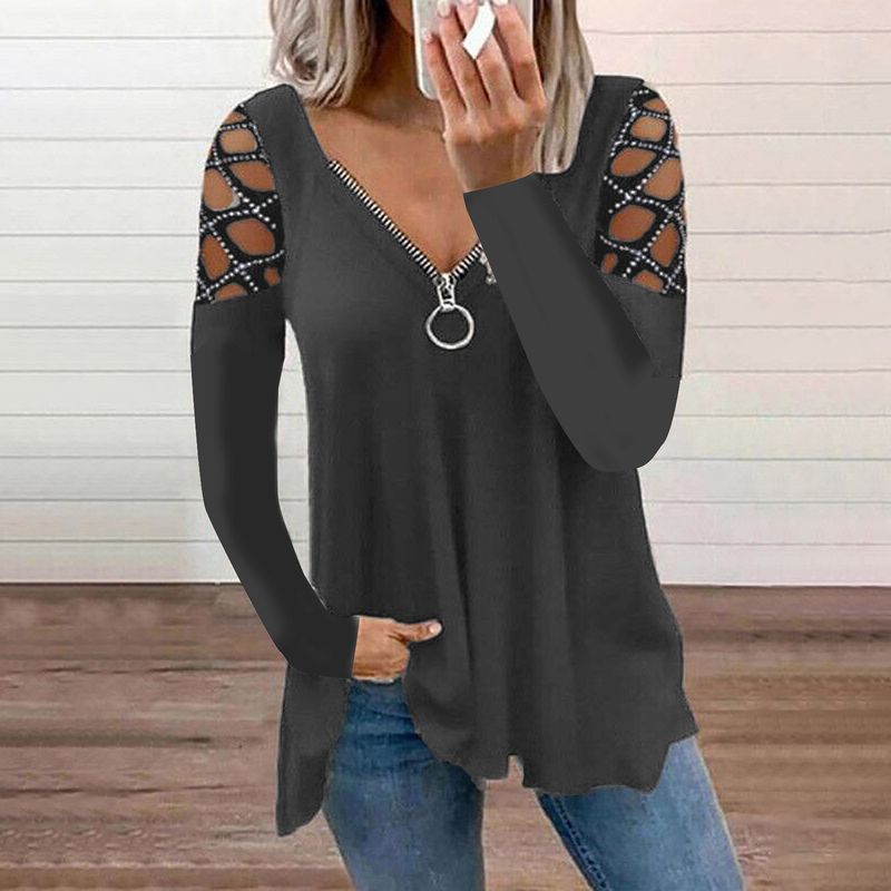 T-shirt casual da donna con scollo a V, manica cava, tinta unita, nuova moda autunno inverno 2023_voghion.com