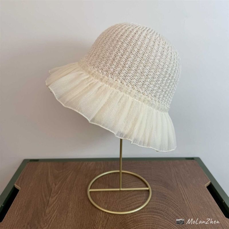 Cappello da pescatore lavorato a maglia con gonna in pizzo e giunture, cappello da sole estivo lavorato a maglia per bambini_voghion.com