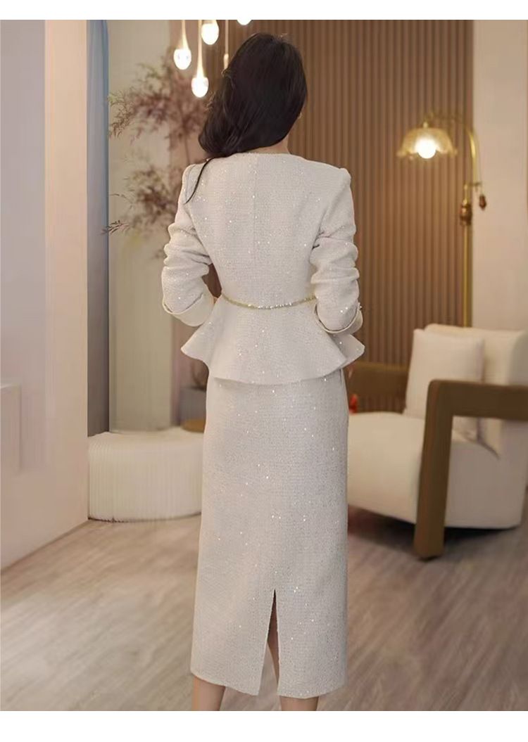 Abbigliamento donna autunno e inverno nuovo stile indossare temperamento celebrità fascia alta piccolo profumo stile paillettes vita giacca gonna vestito donna_voghion.com