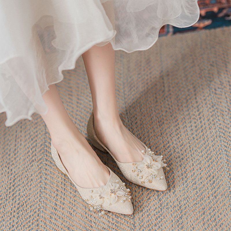 327-55 Neue Glitter Fee Brautjungfer Boot Spitzschuh Hochzeit Ferse Braut Flache Einzelne Schuhe Frauen_voghion.com