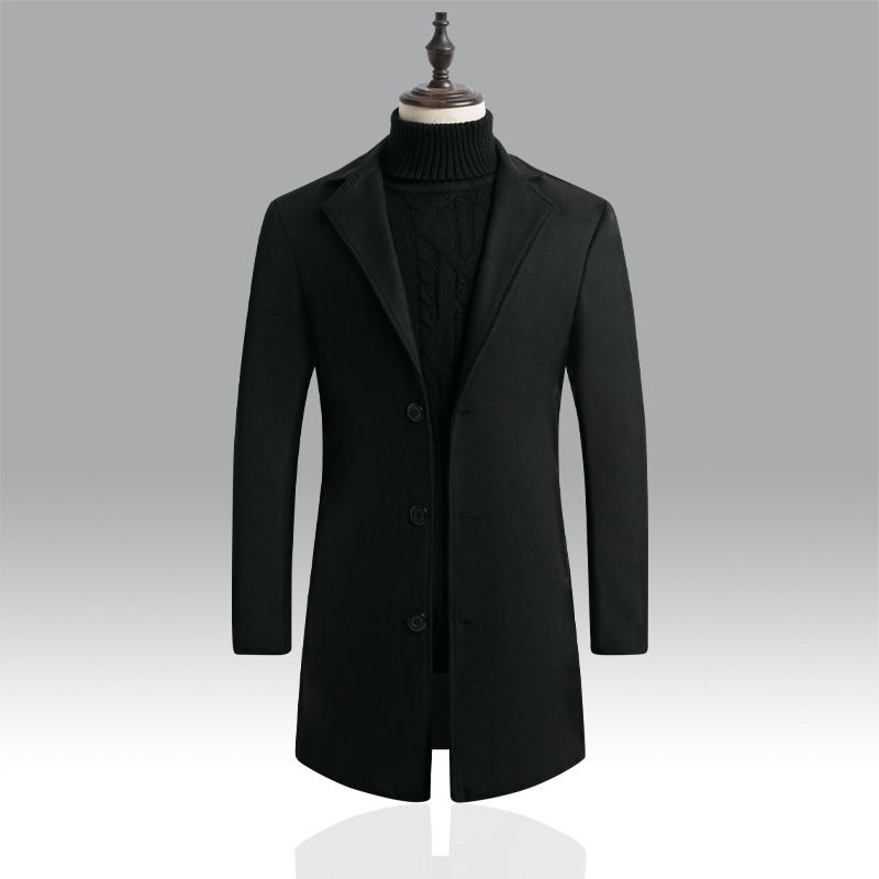 Normale koreanische Version Slim Fit mittellanger Windbreaker einreihiger Wollmantel für Männer_voghion.com