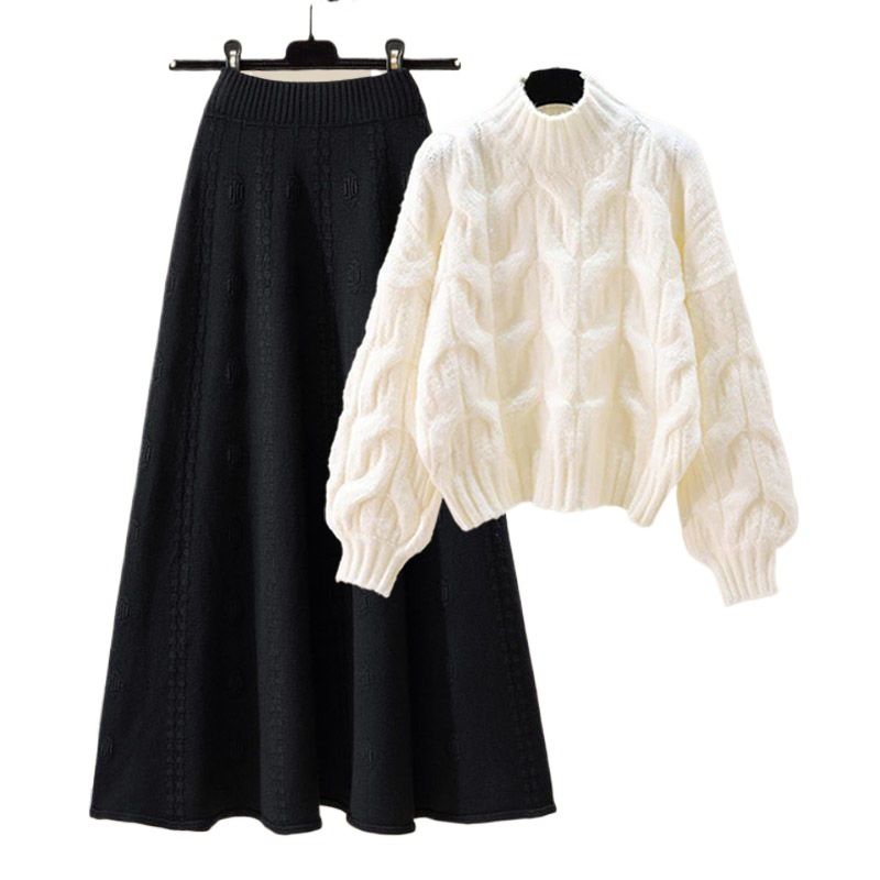 Autumn Winter Outfit Women's Full 2025 New Niche Knitted Sweater Slimming Loose Midi Skirt Two-Piece Set_voghion.com