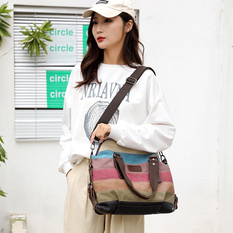 Canvas Contrast Color Women's Handbag Shoulder_voghion.com