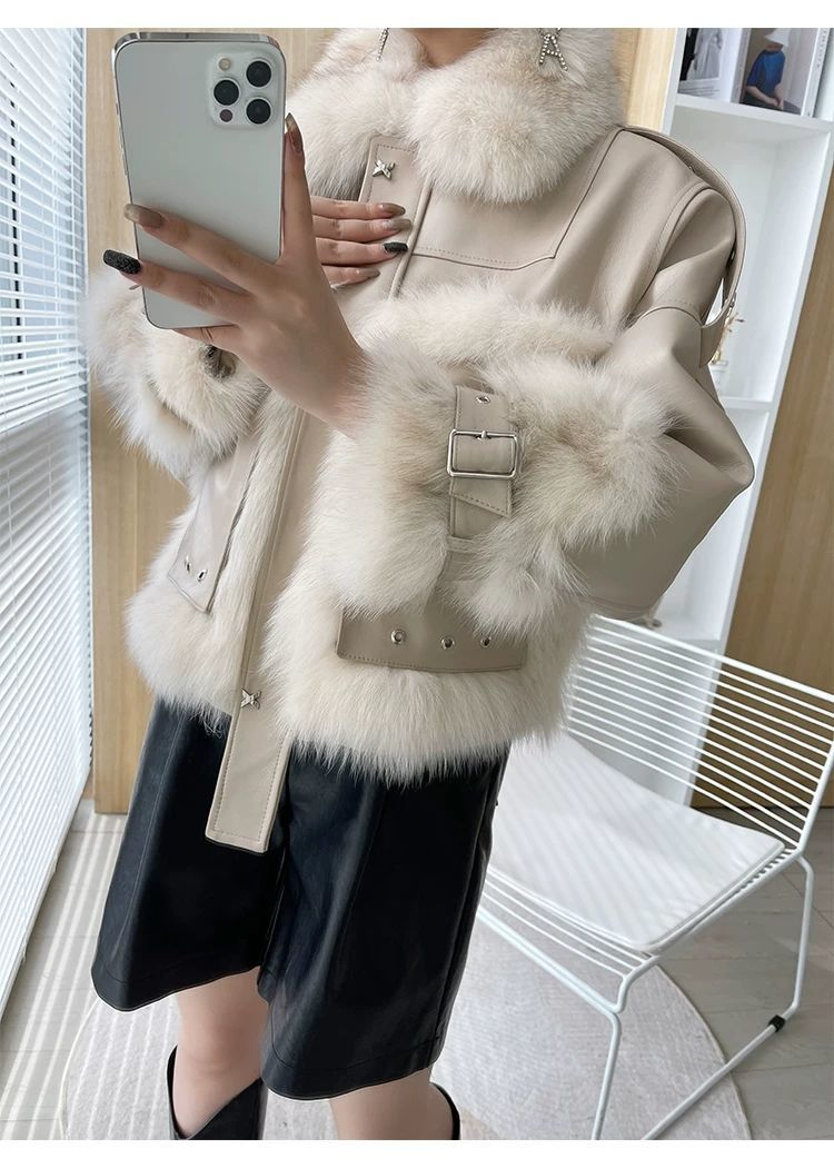 Women's Fox Fur Patchwork Fur Motorcycle Vintage Loose Jacket_voghion.com