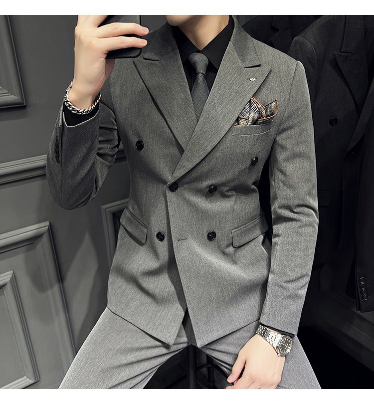 Heren zakelijke textuur gun collar, dubbelrijs slim fit pak driedelig, heren_voghion.com