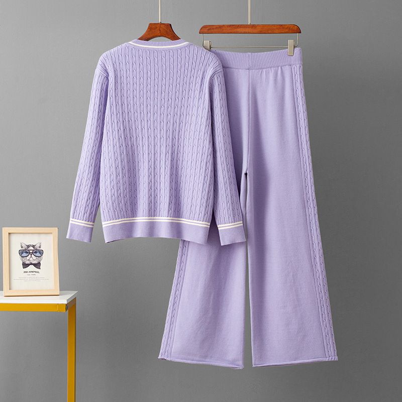 Elegante set di maglione e pantaloni in maglia - Completo casual a righe con pullover a maniche lunghe e pantaloni in morbida miscela di viscosa, versatile per l'ufficio e per tutti i giorni_voghion.com