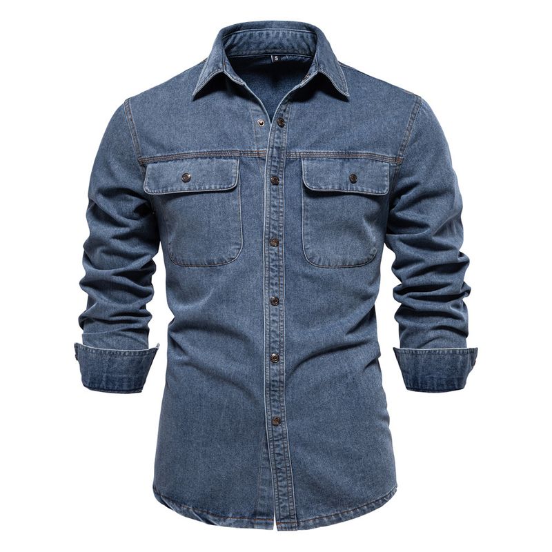 Camicia casual a maniche lunghe in cotone da uomo in denim lavato di alta qualità, autunno 2024_voghion.com