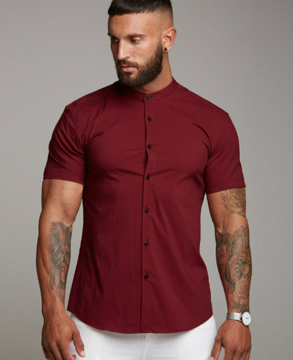 Camicia tinta unita con colletto alla coreana e maniche corte Lanting da uomo_voghion.com