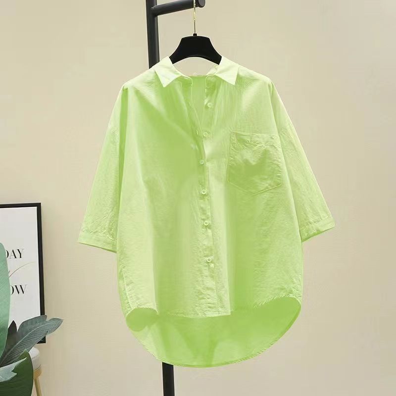 Women's Clothing Yellow Simple Spring And Summer Thin Cotton Short Sleeved Shirt Fashion Loose Medium And Long Single Pocket Cardigan Shirt_voghion.com