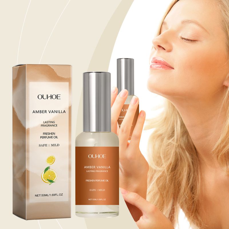 Perfume con textura de aceite esencial de vainilla, suave, fresco, ámbar claro y duradero._voghion.com