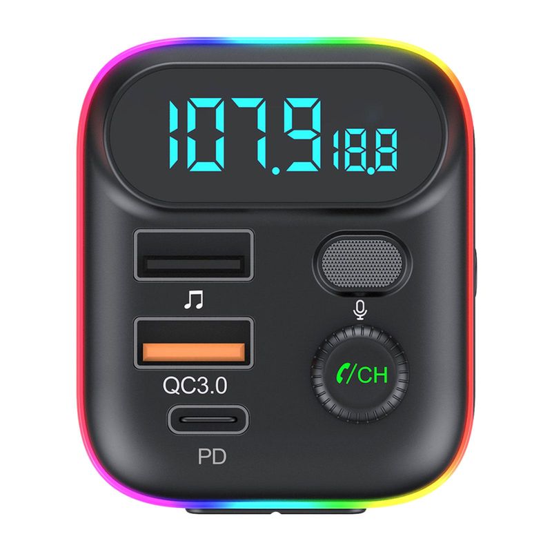 Car Fast Bluetooth 5.0 FM Transmitter PD Dual Player Music Type-C Colorful Ambient MP3 Light Cigarette Lighter USB C0E3_voghion.com