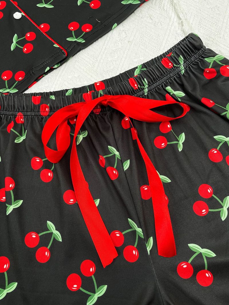 Women's Cherry Print Flannel Pajama Set Long Sleeve Lapel Button Down Top With Pants Winter Sleepwear Loungewear Soft Comfortable_voghion.com