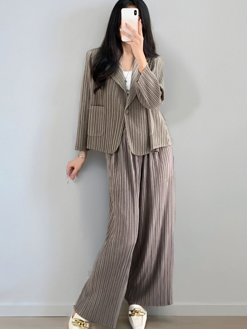 GraceChic Miyake Herbstanzug, hochwertiges, legeres Damen-Business-Set mit Blazer und gerader Hose, zweiteilig_voghion.com