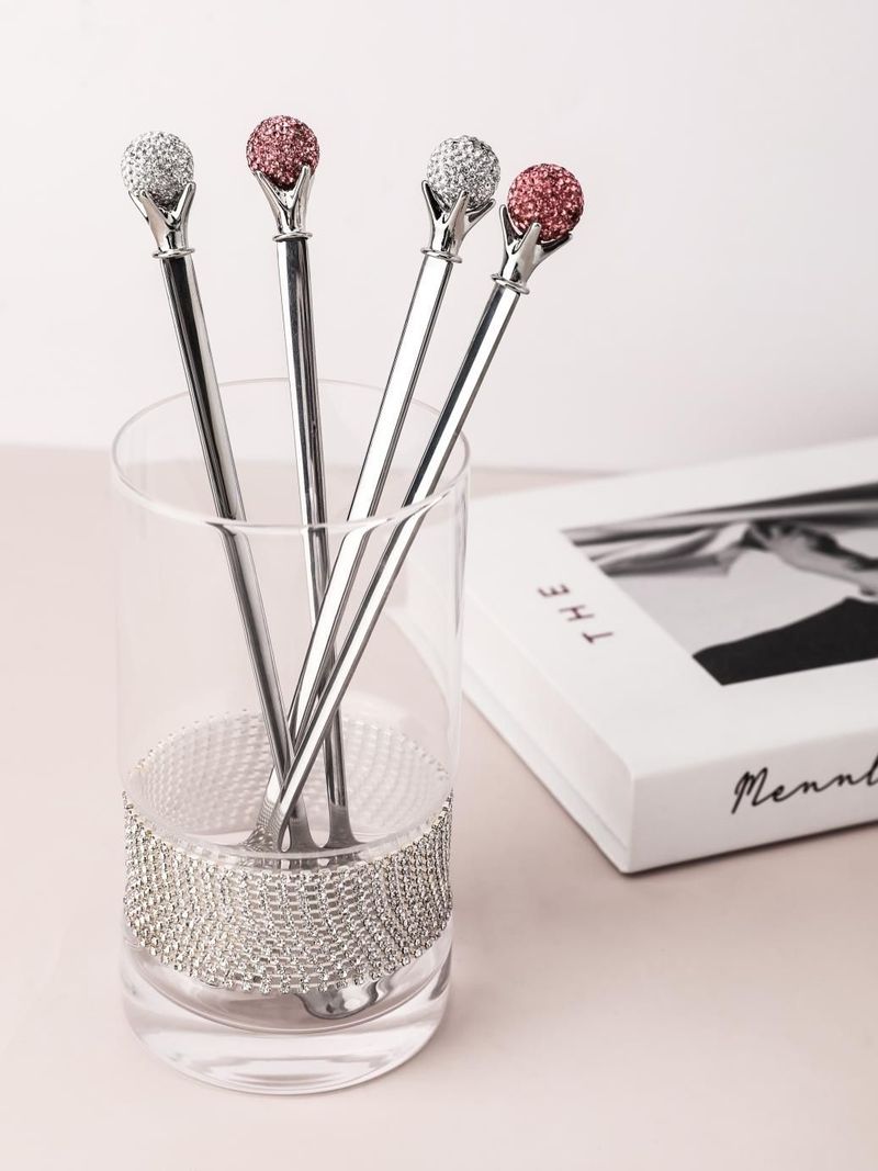 Elegant 304 Stainless Steel Long Handle Mixing Spoon With Sparkling Rhinestones - Perfect For Afternoon Tea, Coffee, And Desserts_voghion.com