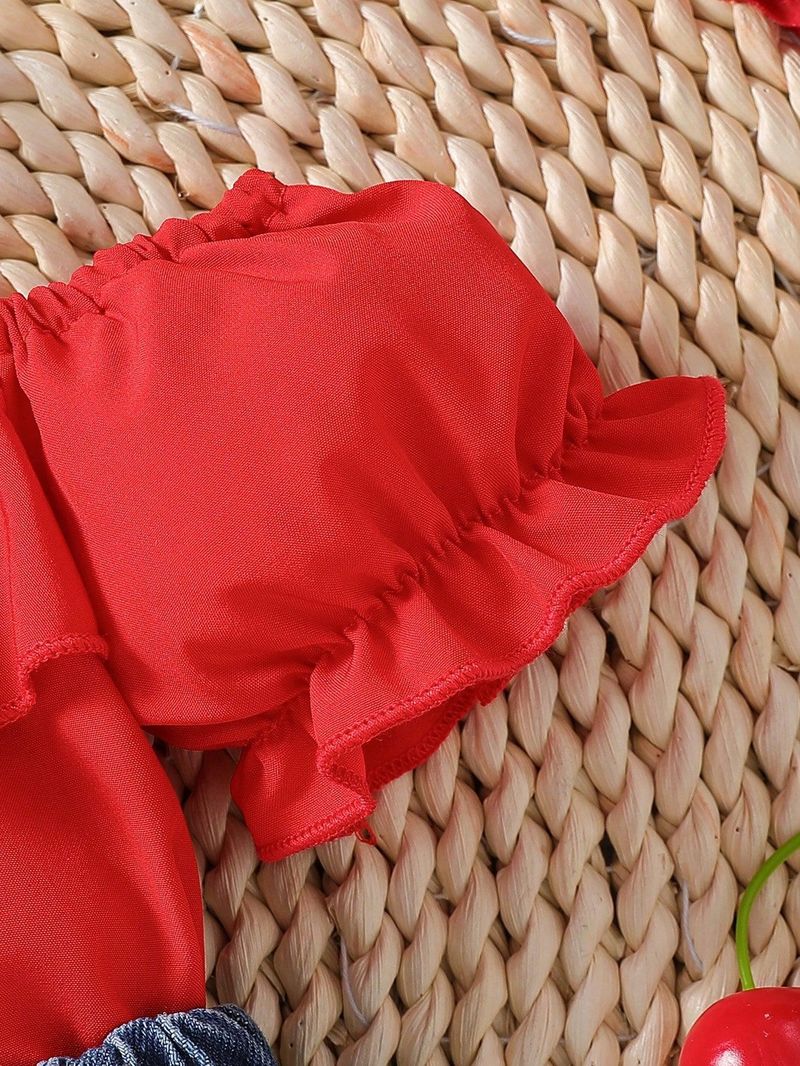 Ensemble 3 pièces pour bébé fille : haut à volants épaules dénudées et short en jean brodé cœur avec bandana – Tenue d'été (6 mois à 3 ans)_voghion.com