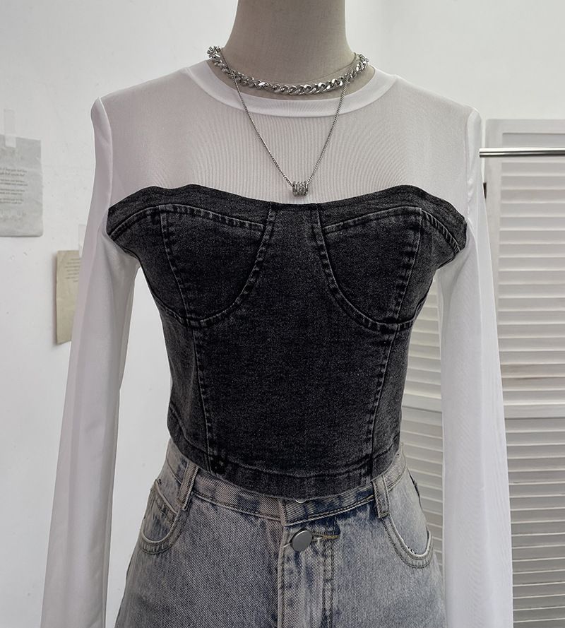 Damenbekleidung Zweiteiliges Denim-Spleißen-Netz-Langarmoberteil Kurzer, freiliegender Bauchnabel Schlankes T-Shirt_voghion.com