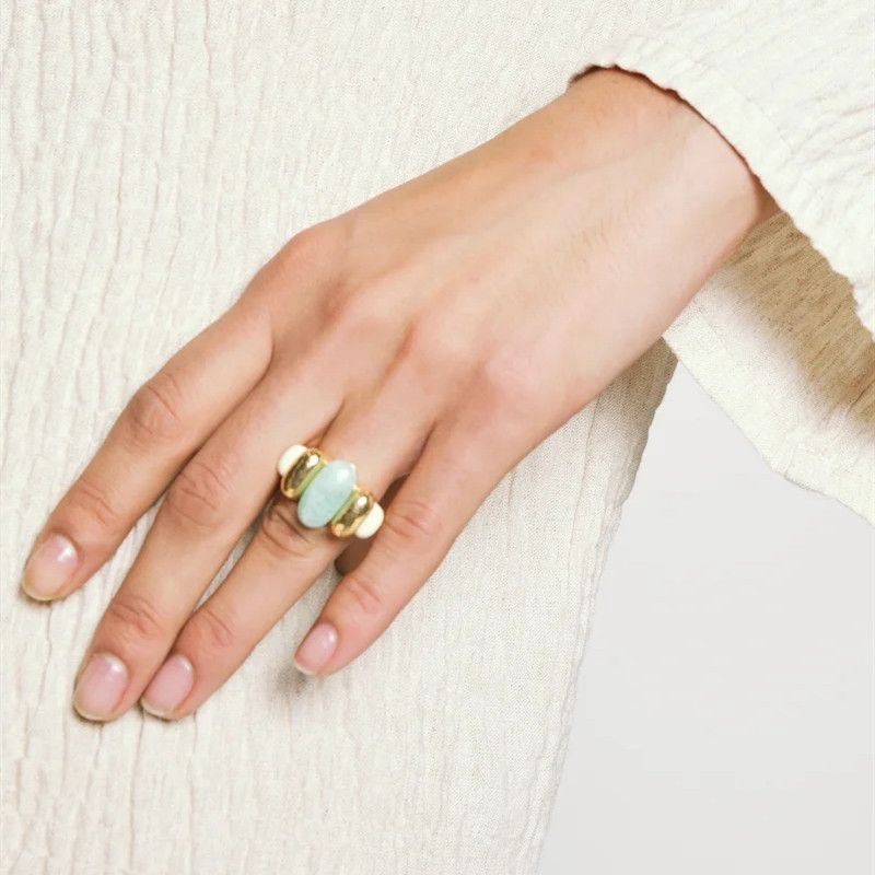 Damenschmuck, elegantes Set mit unregelmäßigen Amazonit-Ohrringen und -Ringen, geometrische Ohrringe im Vintage-Boho-Stil und stapelbare Ringe für Frauen_voghion.com