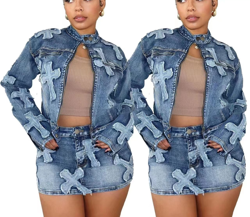 Dameskleding Herfstmode voor dames Boutique Denim Jeans Designer Tweedelige rok en jasje_voghion.com