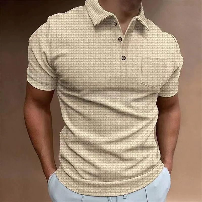 New Summer Waffle Men's Polo Shirt Short-sleeved T-shirt Slim Button Top Business Plaid Casual_voghion.com