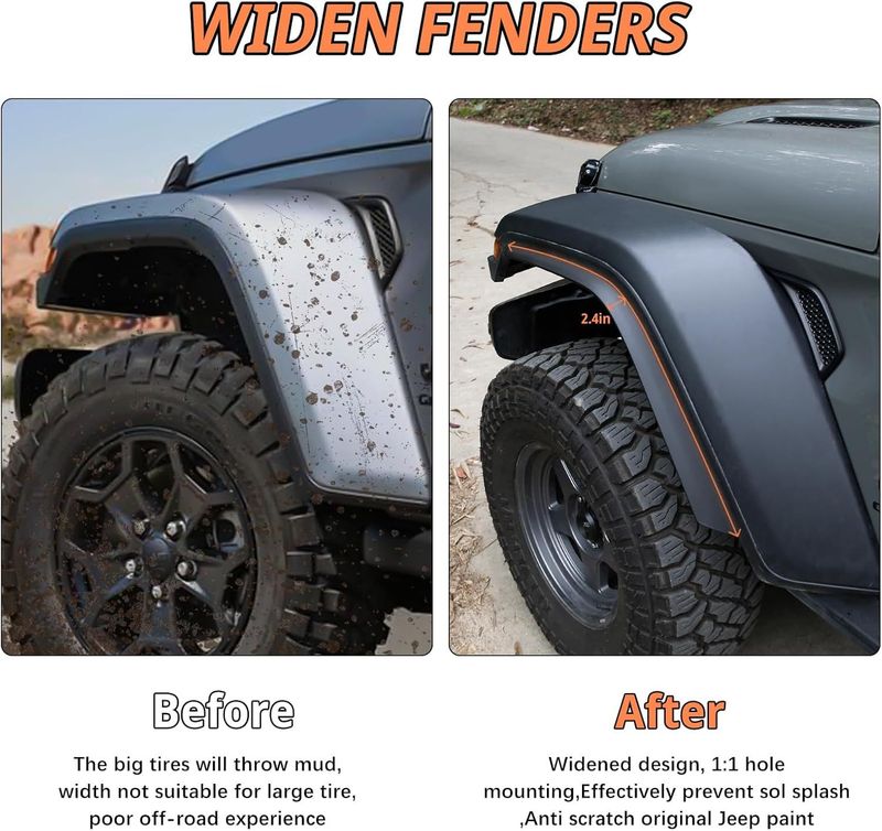 Front & Rear Fenders Compatible With 2020-2024 Jeep Wrangler Gladiator JT Mojave & Rubicon, Off-Road Wheel Fender Liner Set 4 Pcs(Only Fit High Clearance Fender Flares)_voghion.com