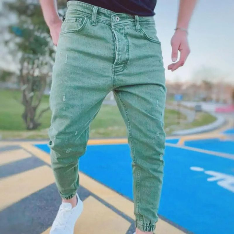 2024 Herbst Slim Fit Heren Jeans Reine Farbe Casual Elastische Taille Jeans Strahl Fuß Streetwear Jogger Denim Hosen_voghion.com