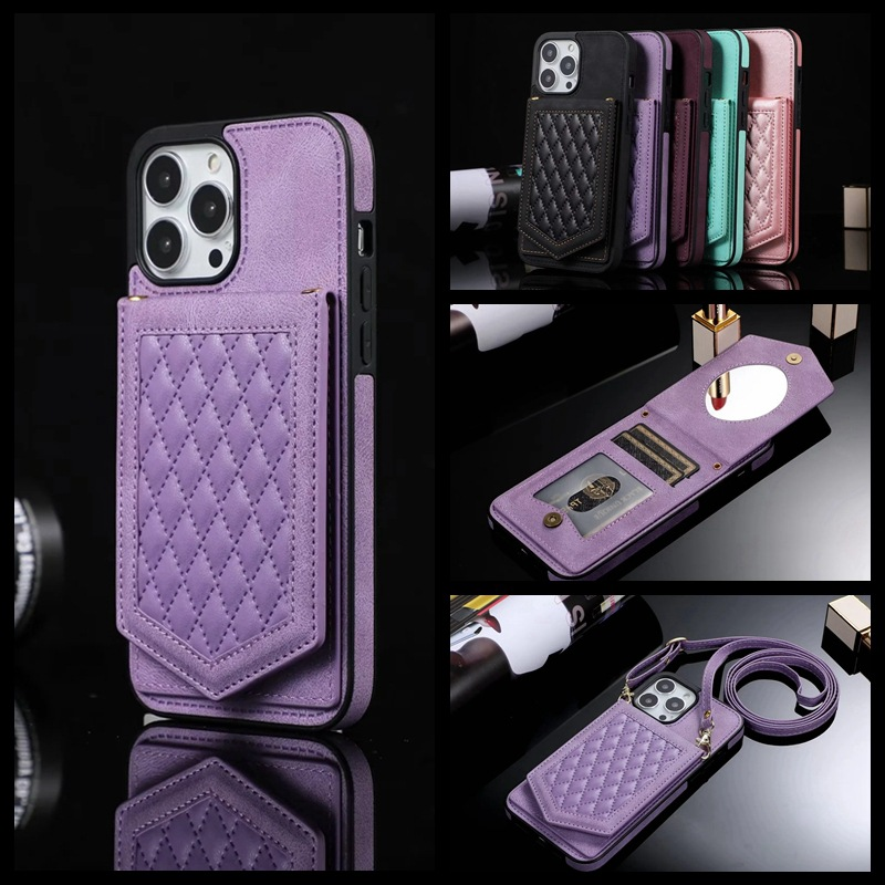 Funda de cuero con etiqueta lateral de espejo y pequeña fragancia para iPhone 15 Pro, 14 con cordón ajustable._voghion.com