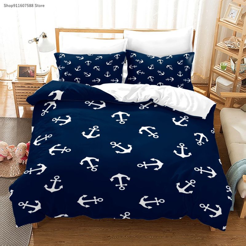 Anker und weiße Streifen 3D gedruckt Marineblau Quilt dreiteiliges Bettwäsche-Set individuell_voghion.com