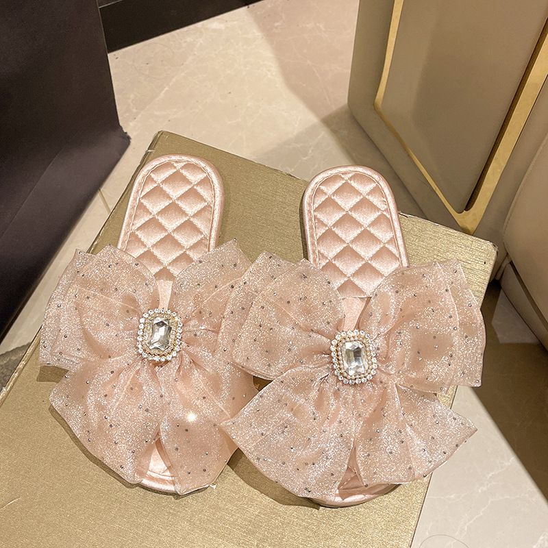 French Fairy Style Women's Bow Satin Flat Summer New Outdoor Soft Sole One-Word Slippers_voghion.com