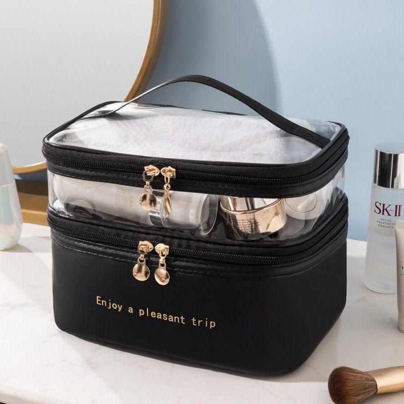 Borsa da toilette portatile trasparente a doppio strato, di colore solido, di grande capacità, borsa da viaggio per cosmetici_voghion.com