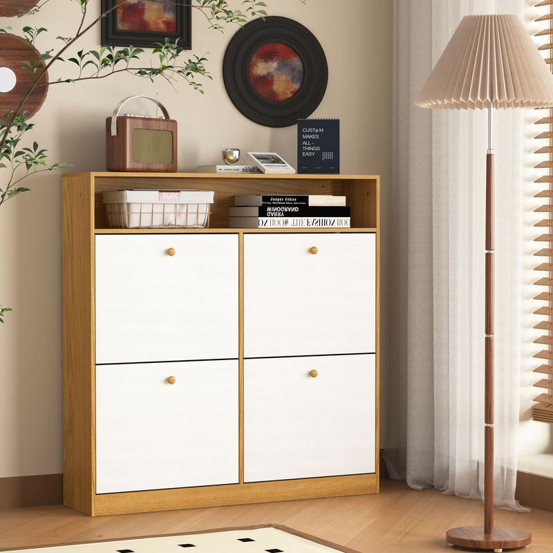 Shoe Storage Cabinet With 4 Flip Drawers , Shoe Rack Organizer Cabinet With Wooden Handle Freestanding Shoe Cabinet Storage With Anti-tip Fitting For Entryway, Hallway_voghion.com