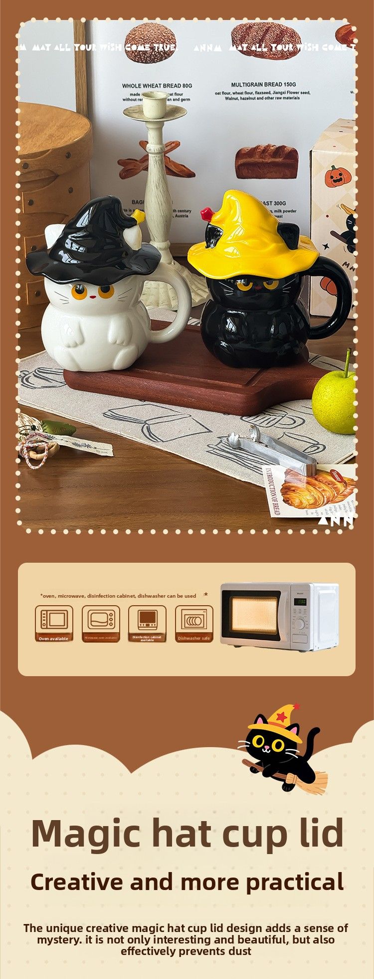 Keramikbecher mit Geisterkatzenmotiv und Deckel – Wasser für Frauen – Neu 2025 – Hochwertiger Becher – Geschenkidee für Zuhause_voghion.com