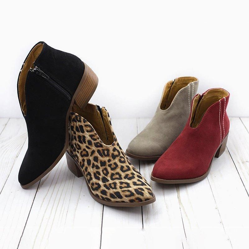Pointy side zipper low square with V-cut fashion plus size women's ankle boots_voghion.com