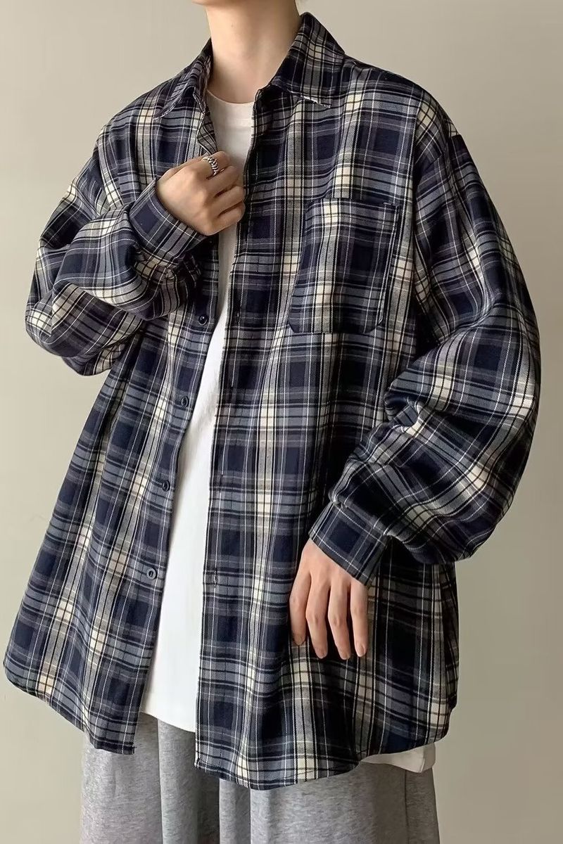 Camicia a quadri retrò per uomo, camicia casual ampia e di alta qualità a maniche lunghe per uomo_voghion.com