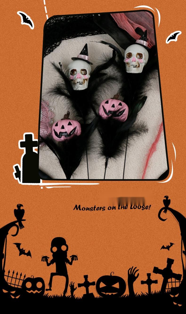 Decorazioni creative di Halloween - Bouquet di fiori con gambo a forma di teschio di zucca e piume per feste in casa_voghion.com