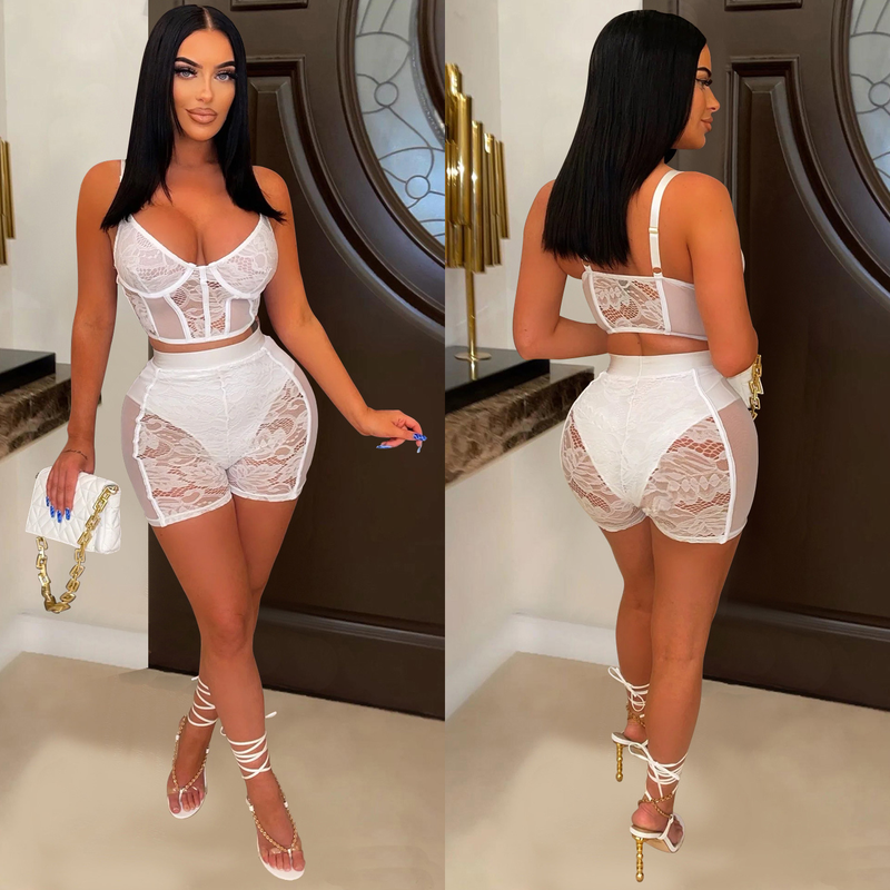 Damenbekleidung, modisches zweiteiliges Set für Damen, einfarbig, sexy Spitze, ärmellose Shorts_voghion.com
